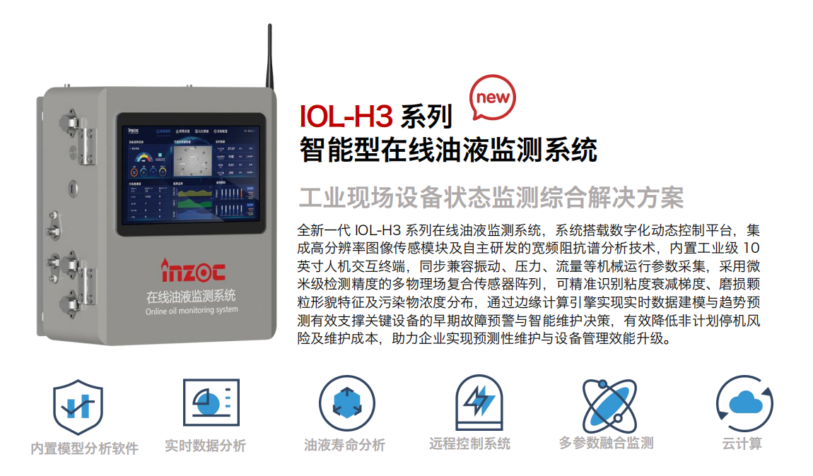 IOL-H3系列智能型在線油液監測系統-工業現場設備狀態監測綜合解決方案圖1 全新一代 IOL-H3 系列在線油液監測系統，系統搭載數字化動態控制平臺，集成高分辨率圖像傳感模塊及自主研發的寬頻阻抗譜分析技術，內置工業級 10英寸人機交互終端，同步兼容振動、壓力、流量等機械運行參數采集，采用微米級檢測精度的多物理場復合傳感器陣列，可精準識別粘度衰減梯度、磨損顆粒形貌特征及污染物濃度分布，通過邊緣計算引擎實現實時數據建模與趨勢預測有效支撐關鍵設備的早期故障預警與智能維護決策，有效降低非計劃停機風險及維護成本，助力企業實現預測性維護與設備管理效能升級。