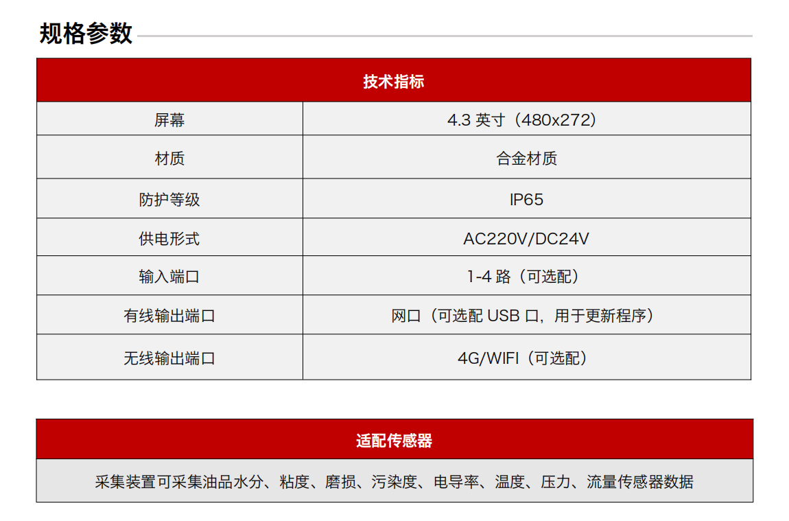 分布式在線(xiàn)油液監(jiān)測(cè)系統(tǒng)解決方案-采集終端 規(guī)格參數(shù)